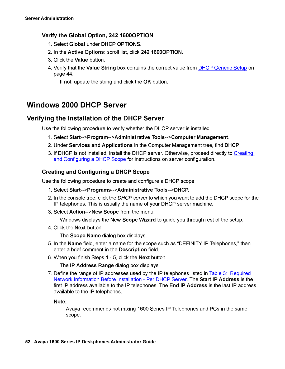 Avaya 16-601443, 1600 Series manual Windows 2000 Dhcp Server, Select Start--Programs--Administrative Tools--DHCP 