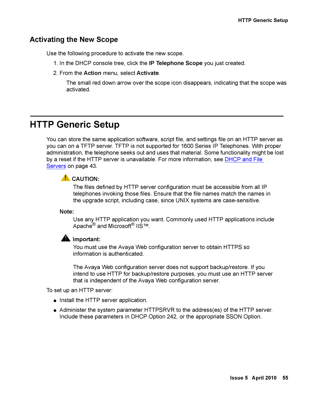 Avaya 1600 Series, 16-601443 manual Http Generic Setup, Activating the New Scope 