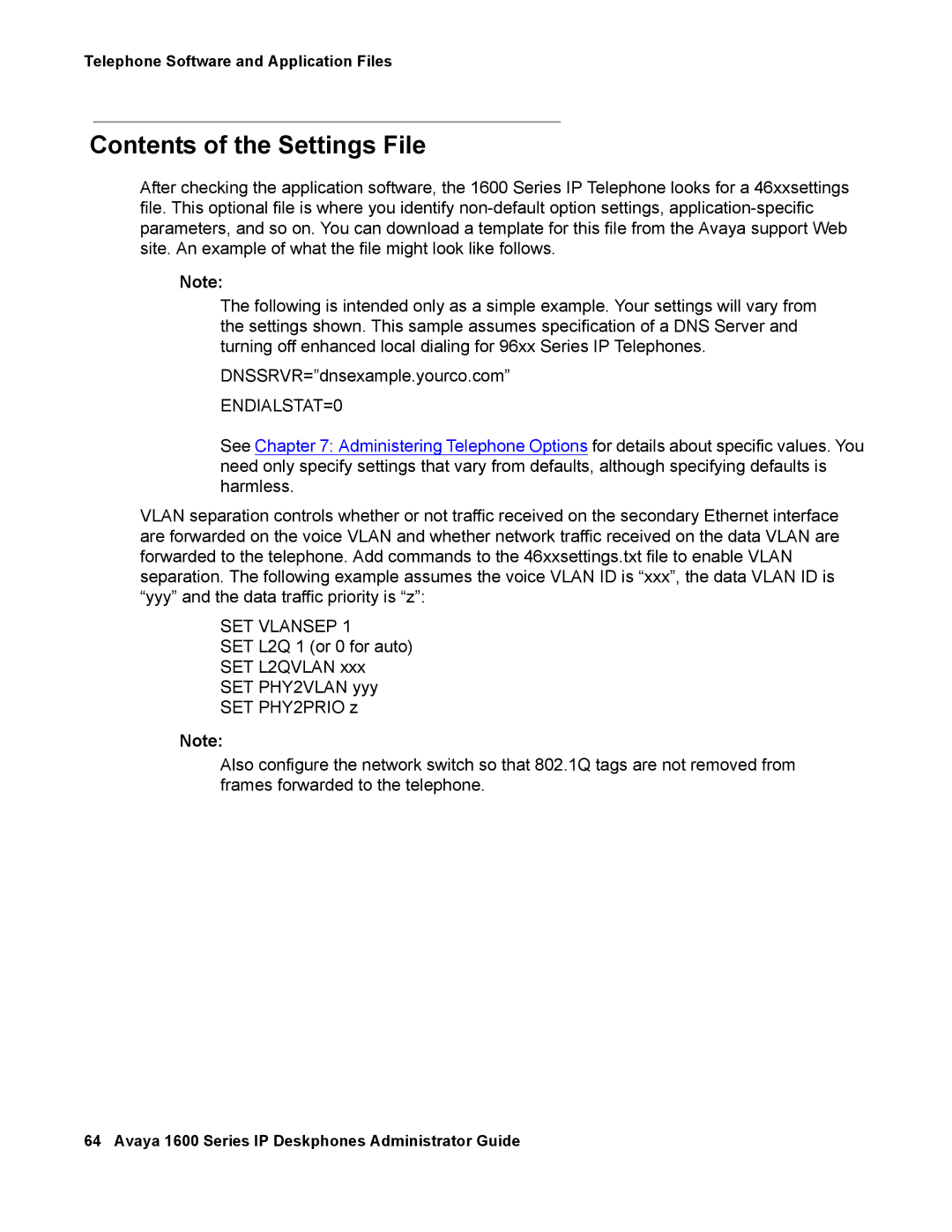 Avaya 16-601443, 1600 Series manual Contents of the Settings File 