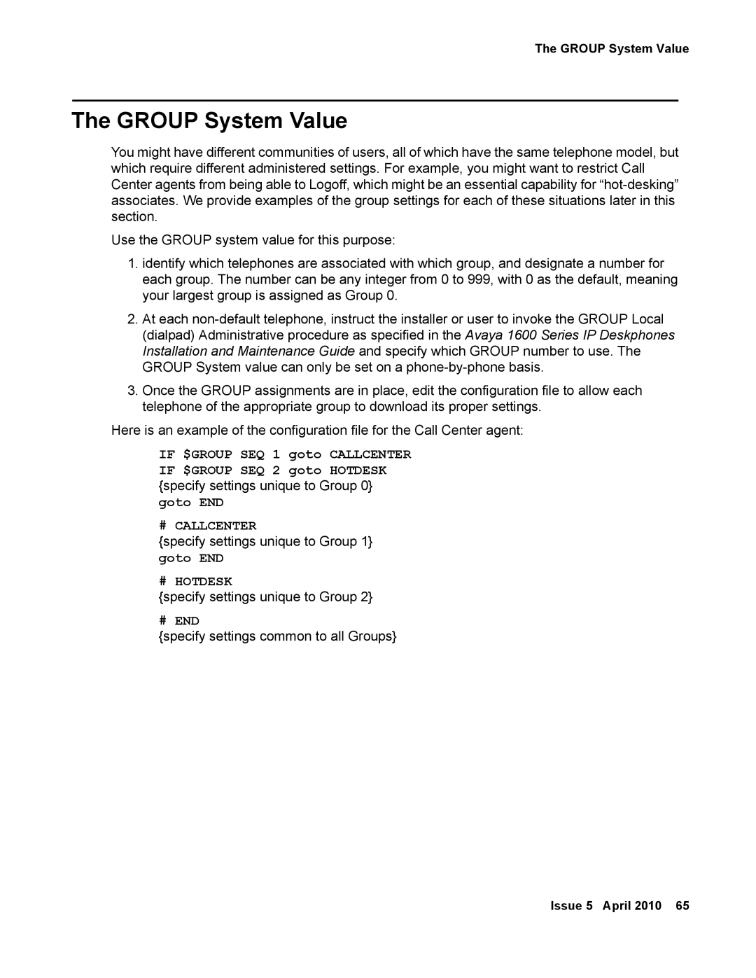 Avaya 1600 Series, 16-601443 manual Group System Value, # End 