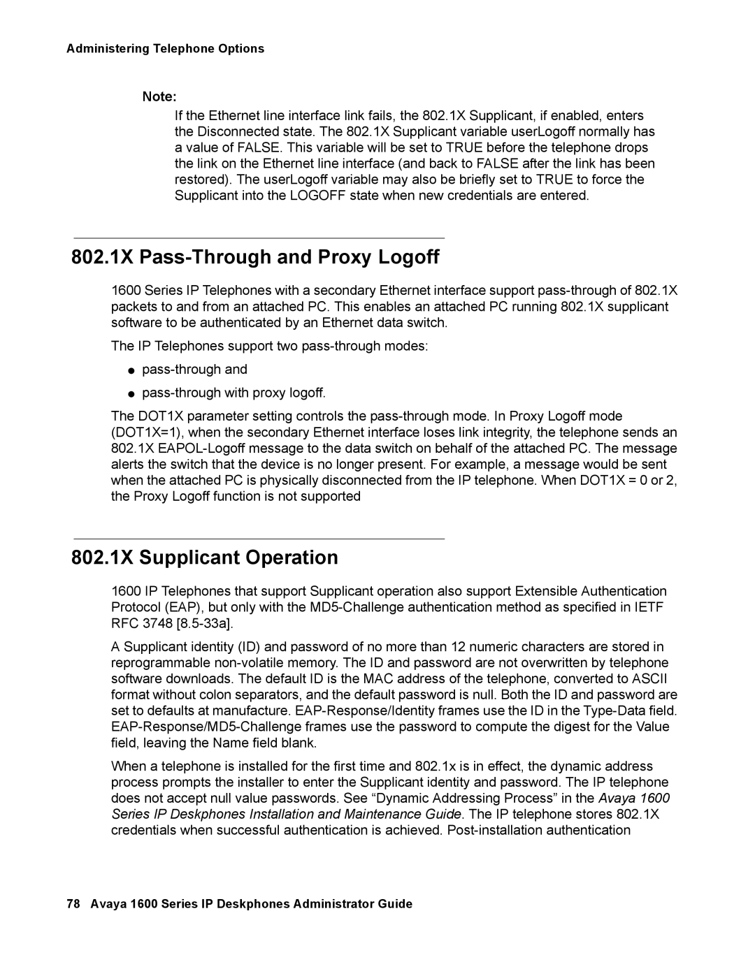 Avaya 16-601443, 1600 Series manual 802.1X Pass-Through and Proxy Logoff, 802.1X Supplicant Operation 