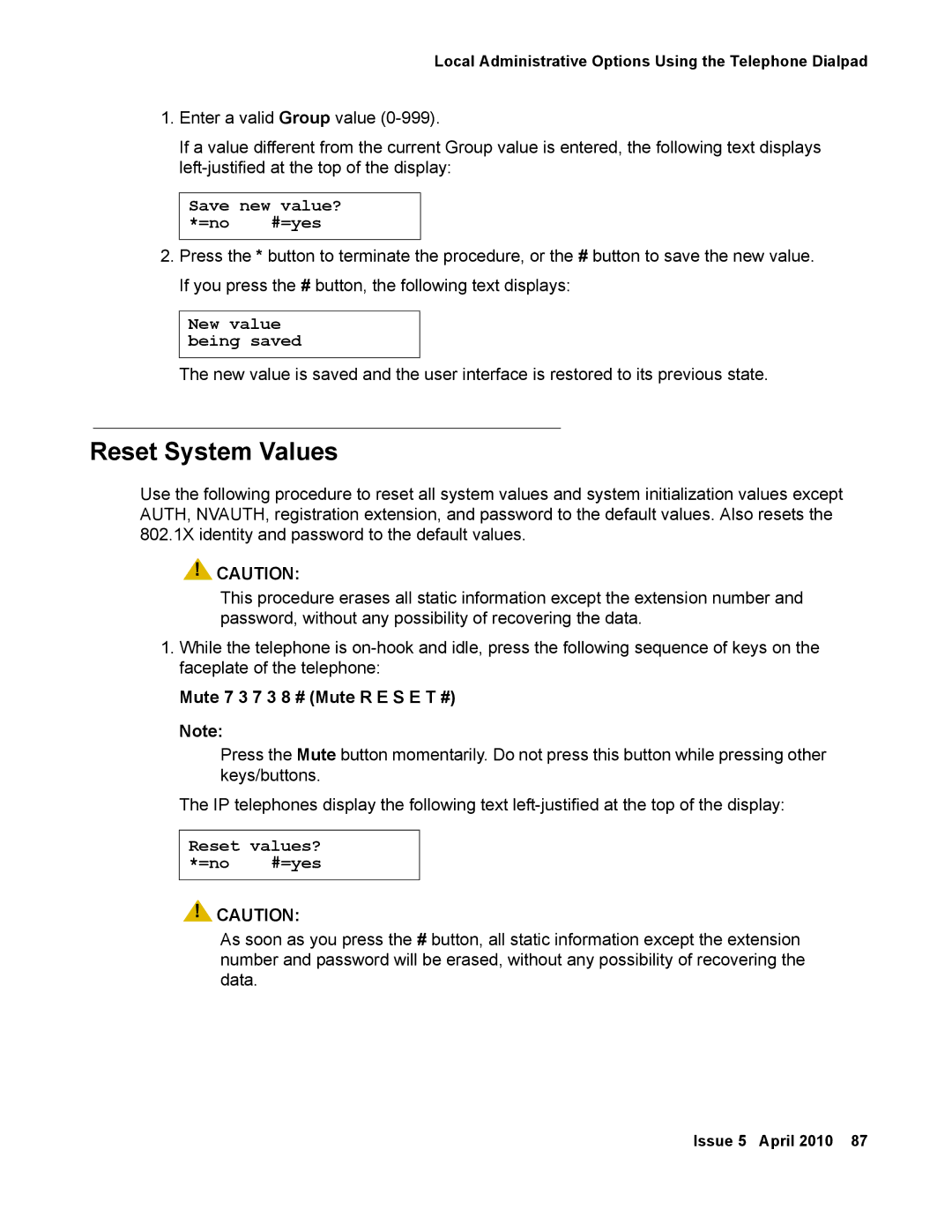 Avaya 1600 Series, 16-601443 manual Reset System Values, Mute 7 3 7 3 8 # Mute R E S E T # 