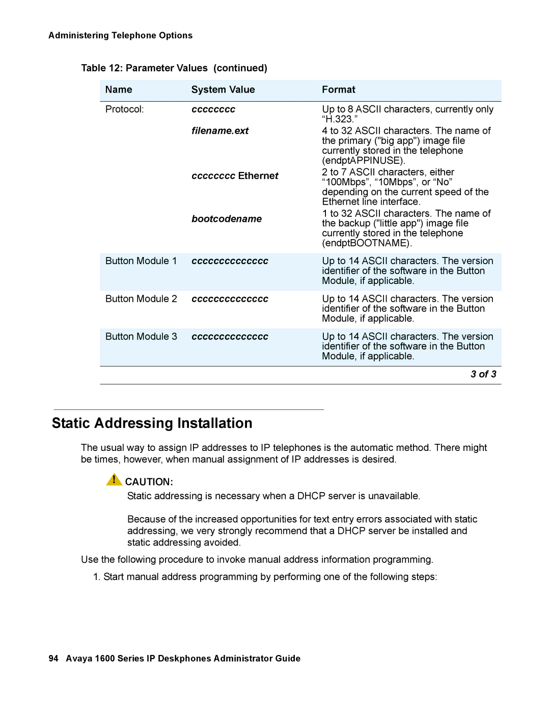 Avaya 16-601443, 1600 Series manual Static Addressing Installation, Filename.ext 