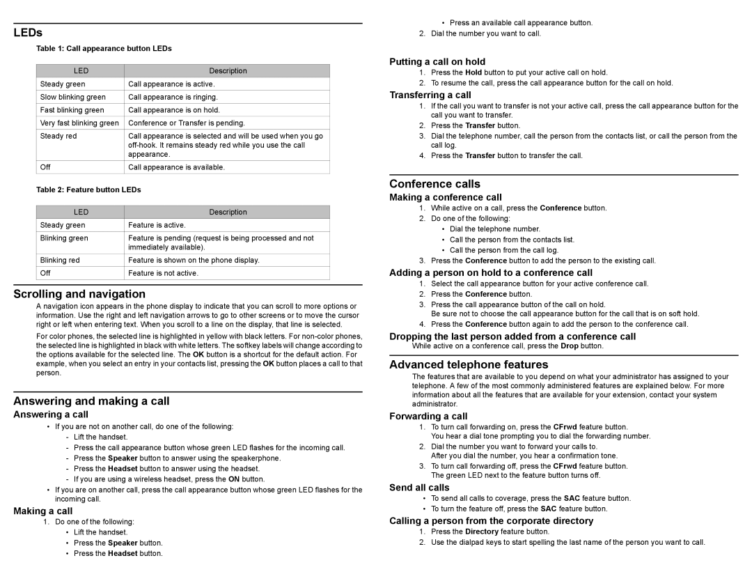 Avaya 16-603155 manual LEDs, Conference calls, Scrolling and navigation, Answering and making a call 