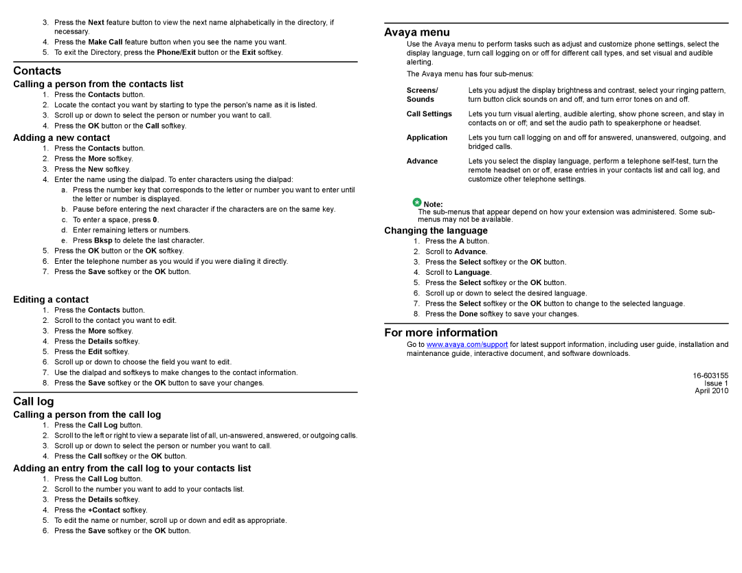 Avaya 16-603155 manual Contacts, Call log, Avaya menu, For more information 