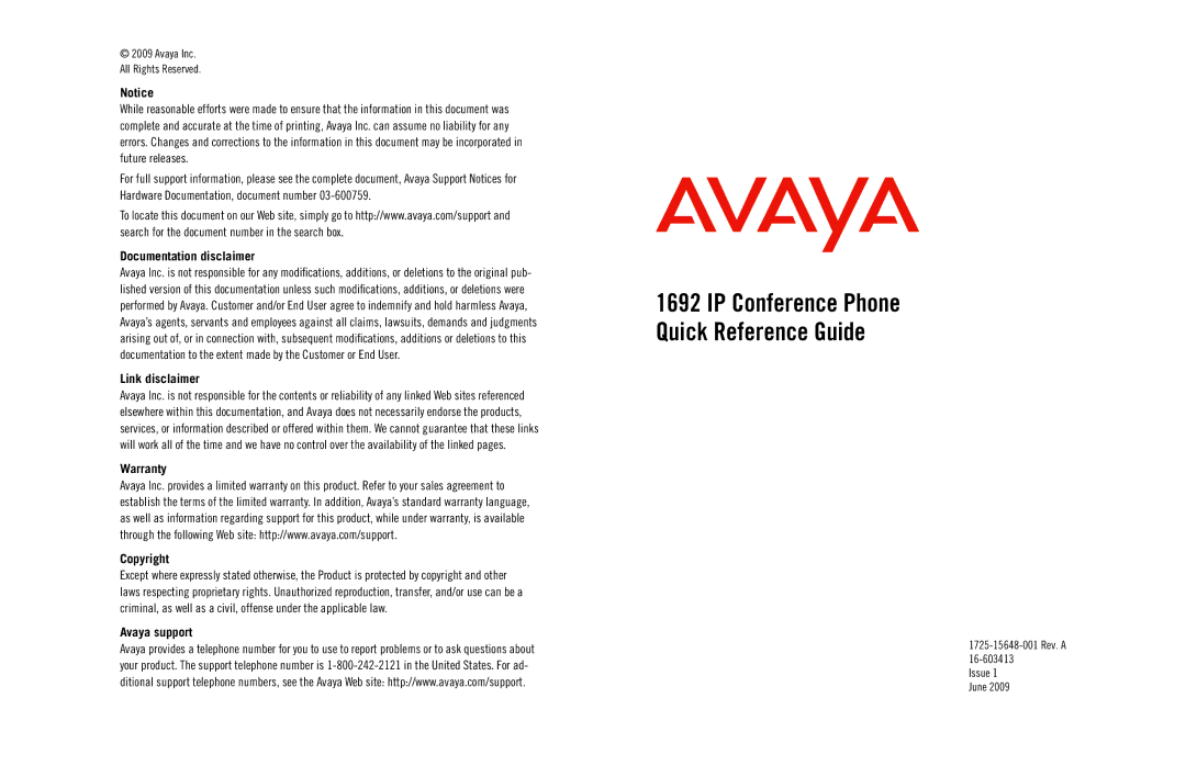 Avaya 16-603413 warranty IP Conference Phone Quick Reference Guide 