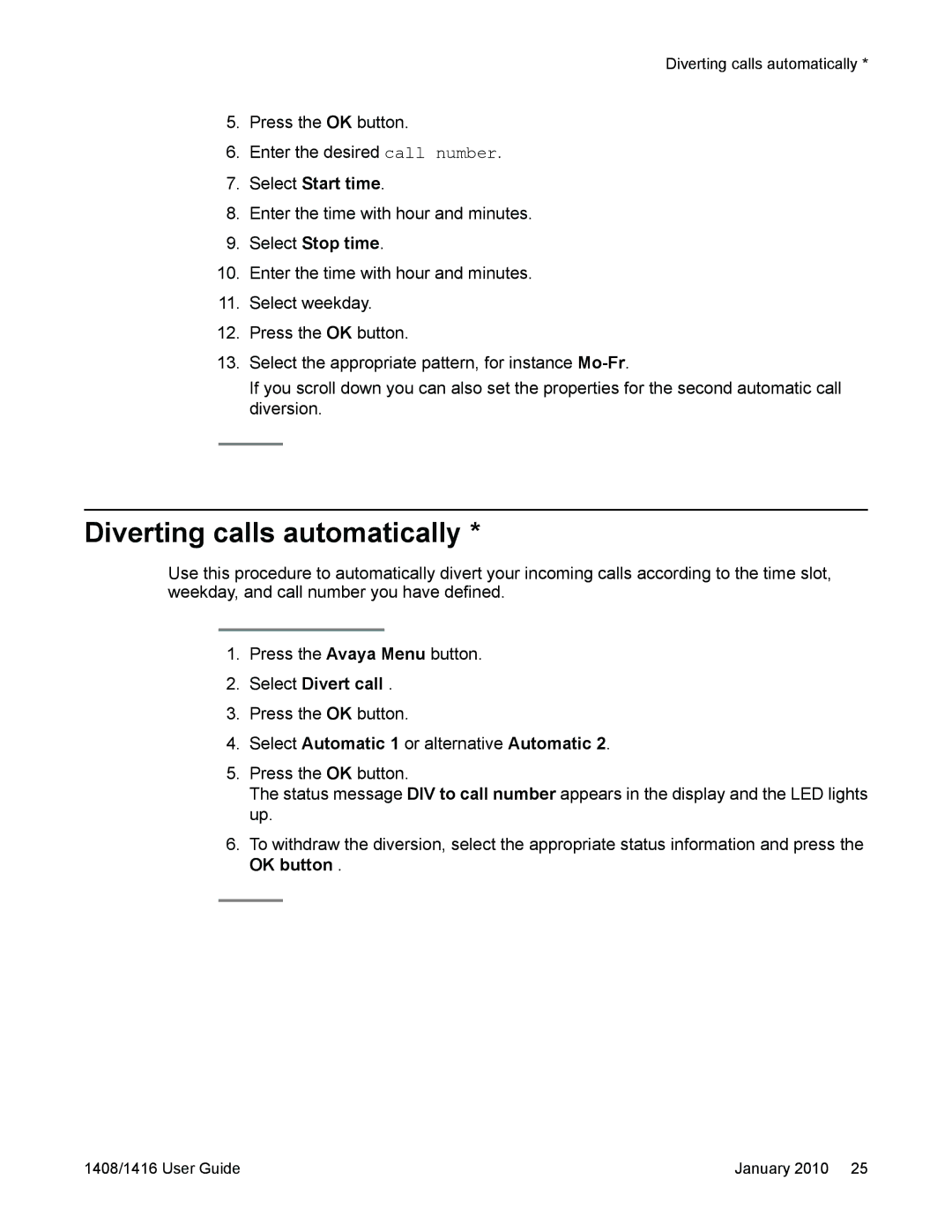 Avaya 16-603463 manual Diverting calls automatically, Select Start time, Select Stop time 