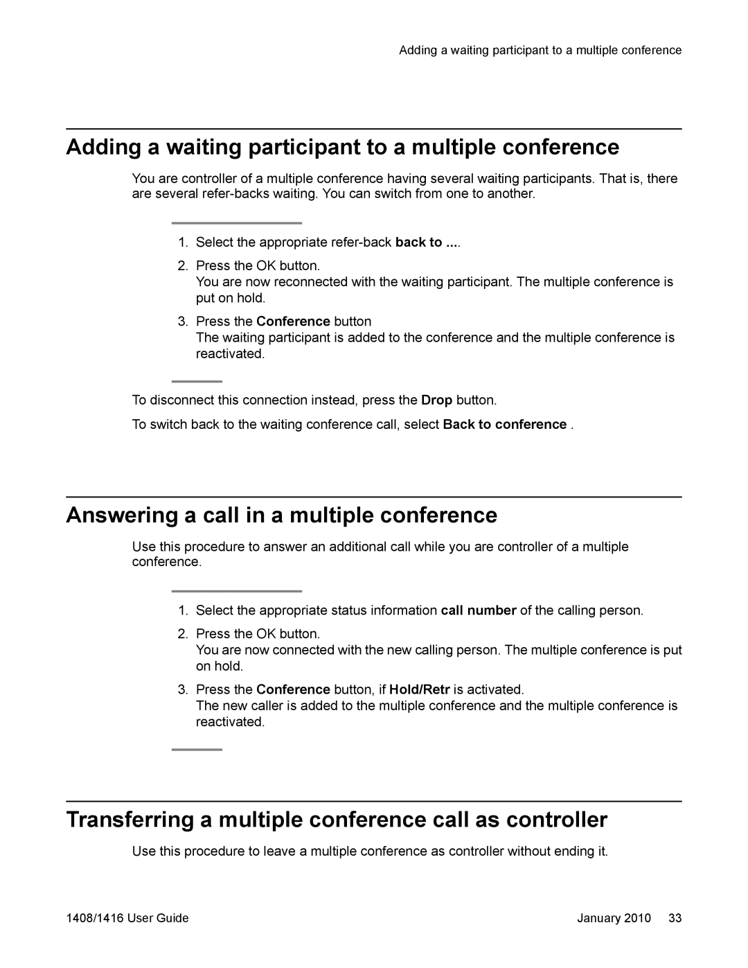 Avaya 16-603463 manual Adding a waiting participant to a multiple conference, Answering a call in a multiple conference 