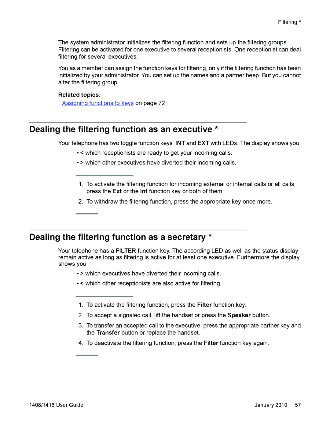 Avaya 16-603463 manual Dealing the filtering function as an executive, Dealing the filtering function as a secretary 