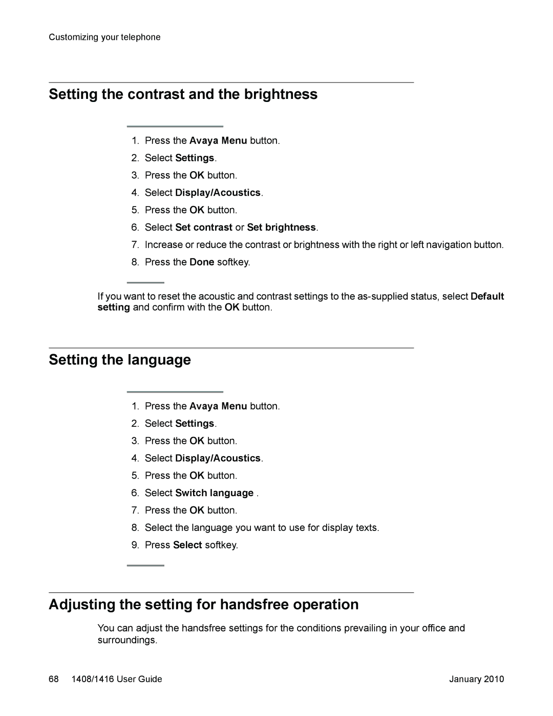 Avaya 16-603463 manual Setting the contrast and the brightness, Setting the language, Select Set contrast or Set brightness 