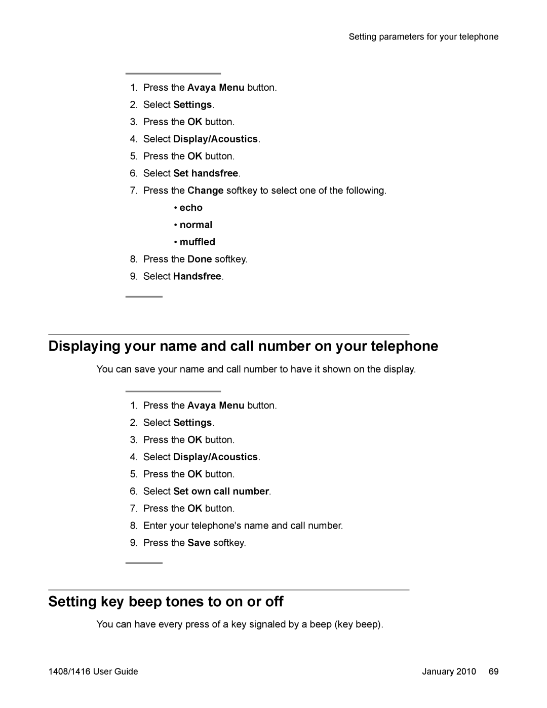 Avaya 16-603463 manual Displaying your name and call number on your telephone, Setting key beep tones to on or off 