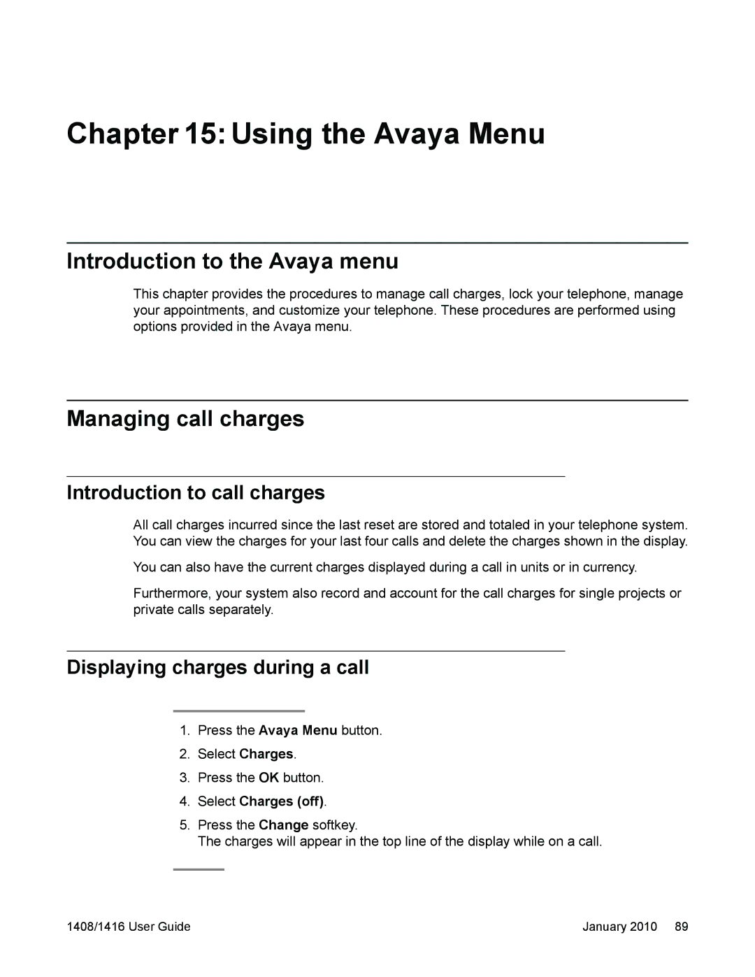 Avaya 16-603463 Using the Avaya Menu, Introduction to the Avaya menu, Managing call charges, Introduction to call charges 