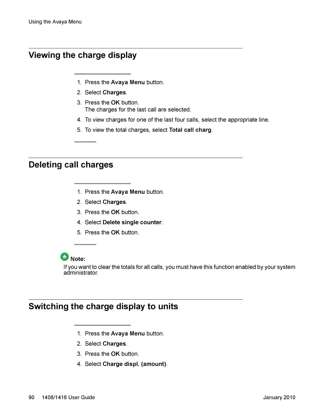 Avaya 16-603463 manual Viewing the charge display, Deleting call charges, Switching the charge display to units 