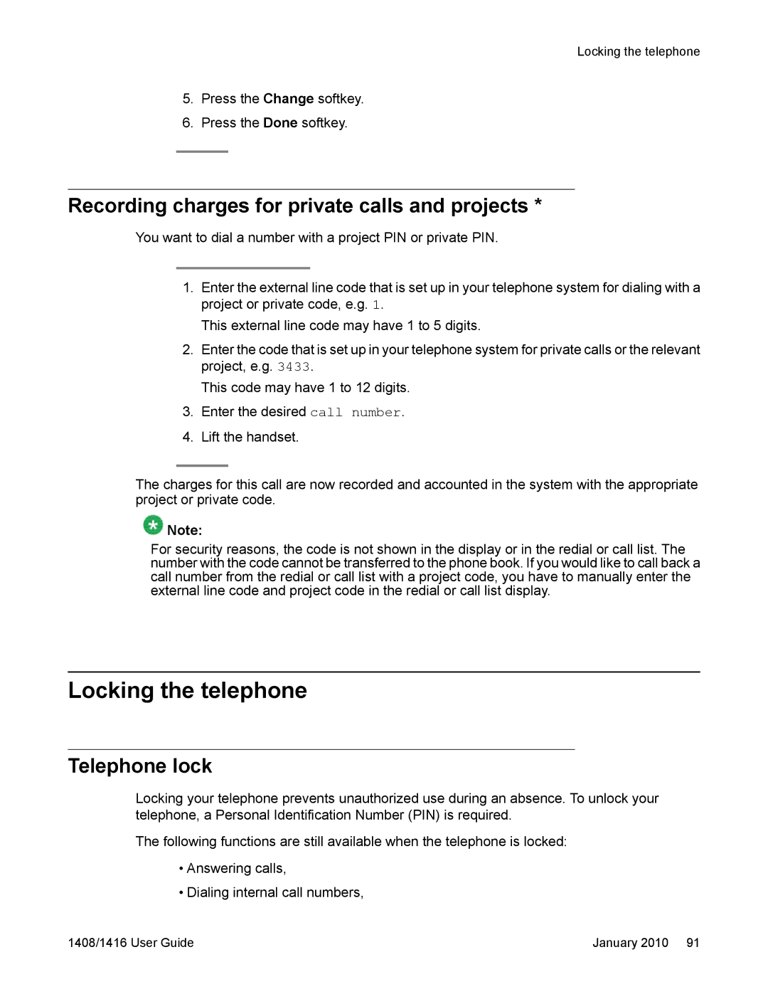 Avaya 16-603463 manual Locking the telephone, Recording charges for private calls and projects, Telephone lock 