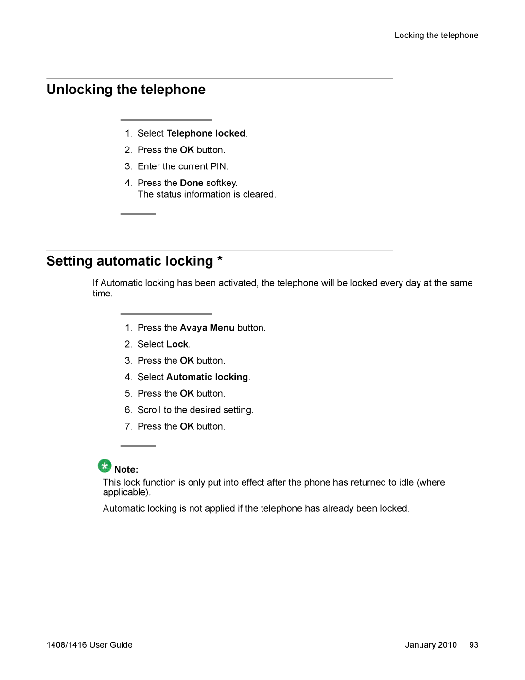 Avaya 16-603463 Unlocking the telephone, Setting automatic locking, Select Telephone locked, Select Automatic locking 