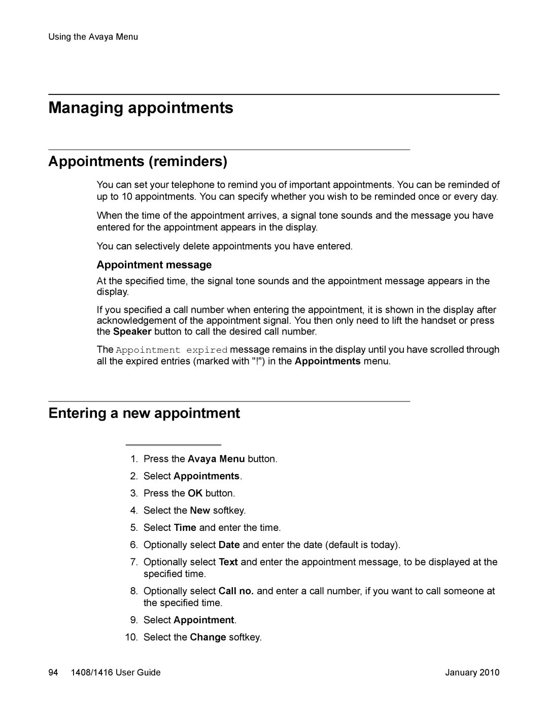 Avaya 16-603463 manual Managing appointments, Appointments reminders, Entering a new appointment, Select Appointments 