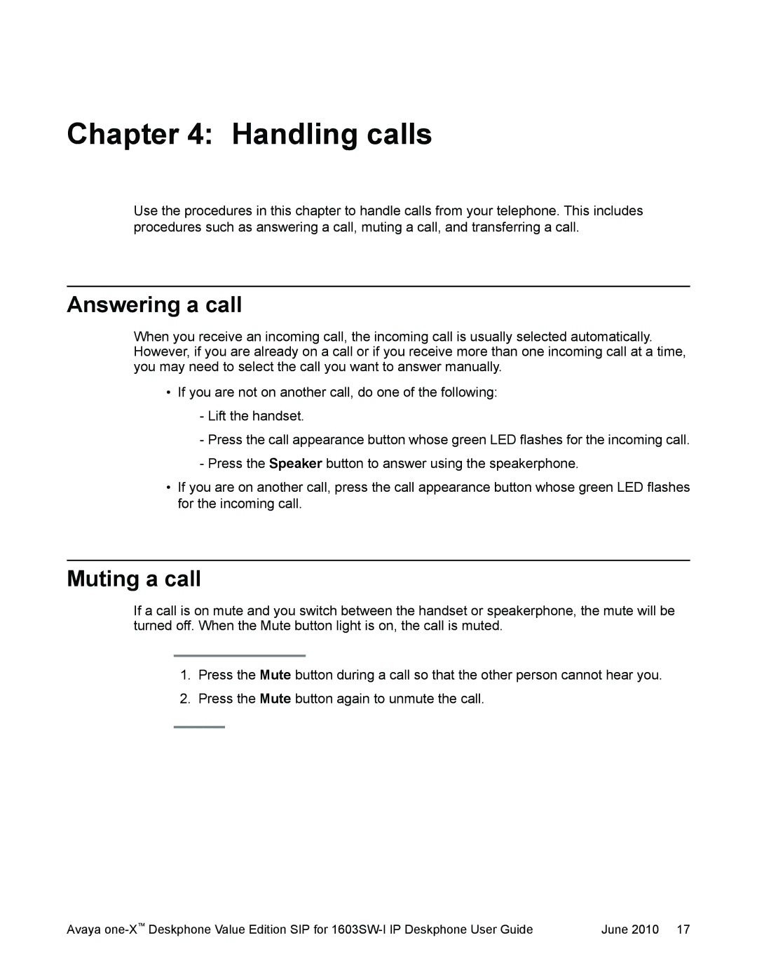 Avaya 16-603578 manual Handling calls, Answering a call, Muting a call 