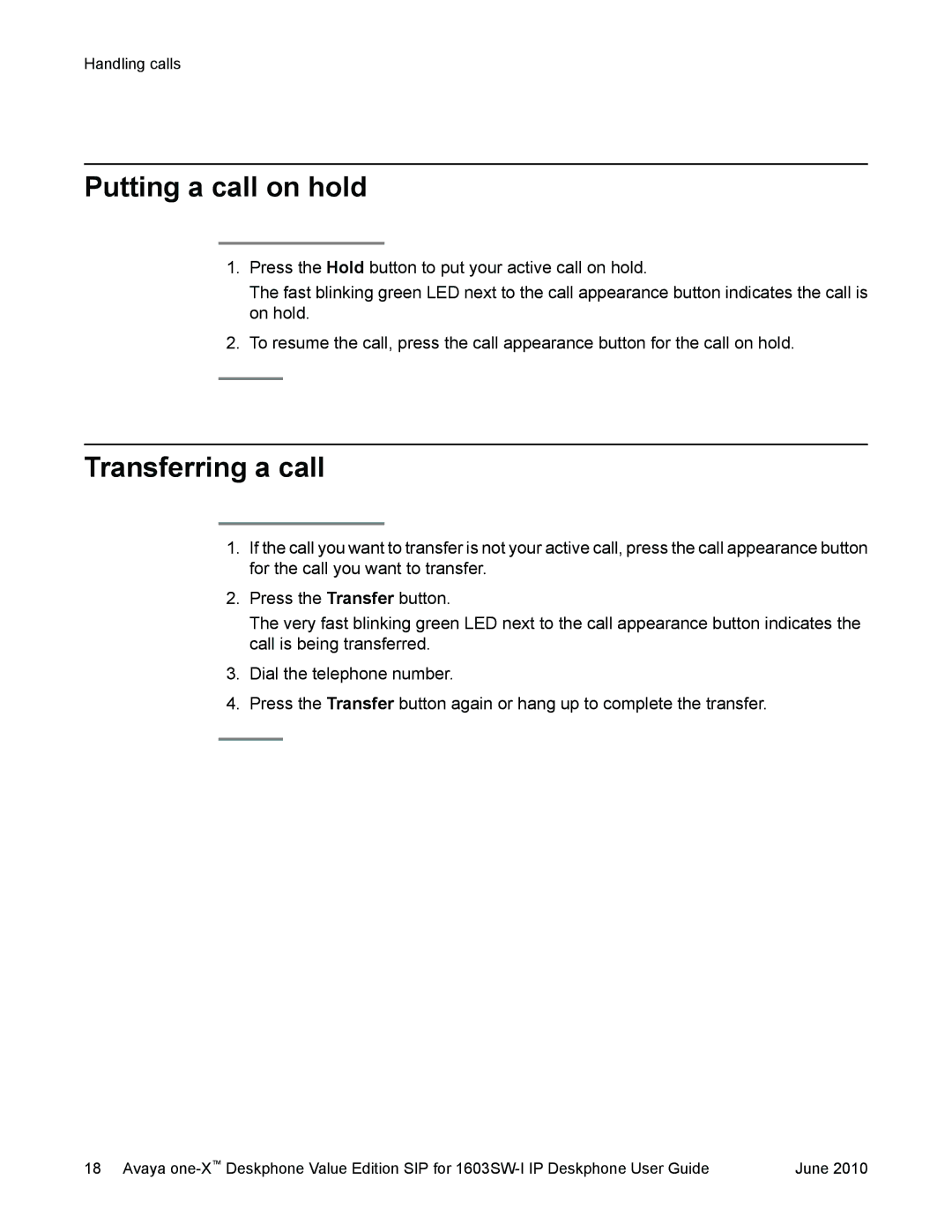 Avaya 16-603578 manual Putting a call on hold, Transferring a call 