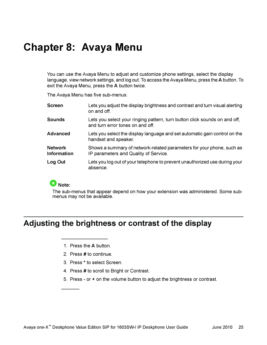 Avaya 16-603578 manual Avaya Menu, Adjusting the brightness or contrast of the display 