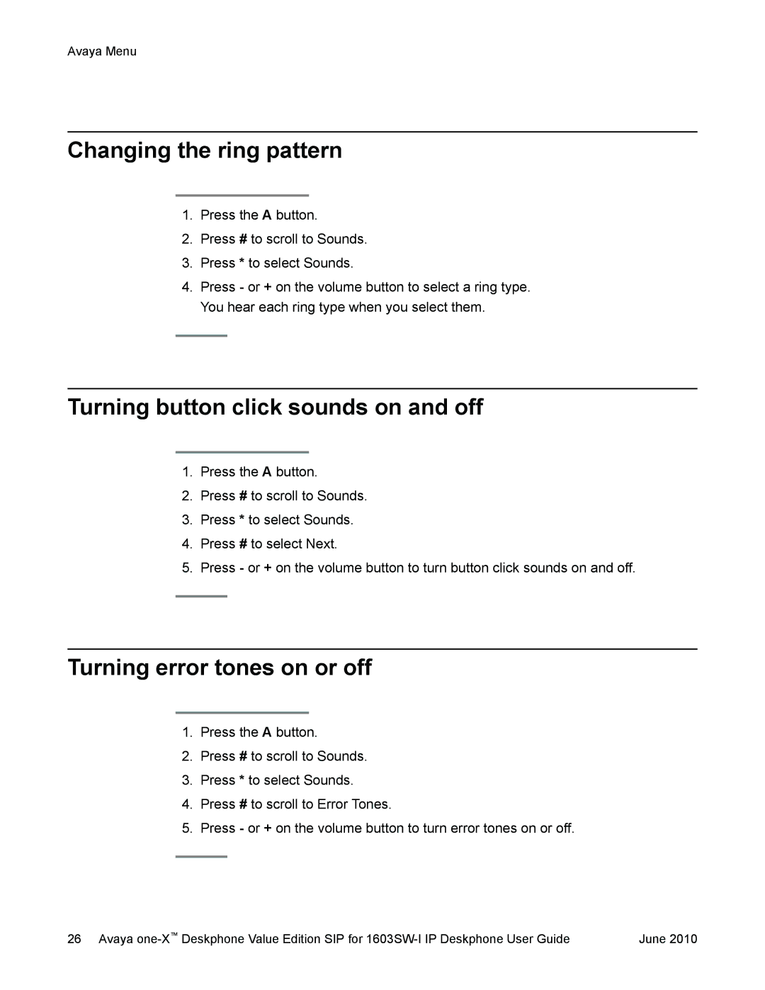 Avaya 16-603578 manual Changing the ring pattern, Turning button click sounds on and off, Turning error tones on or off 