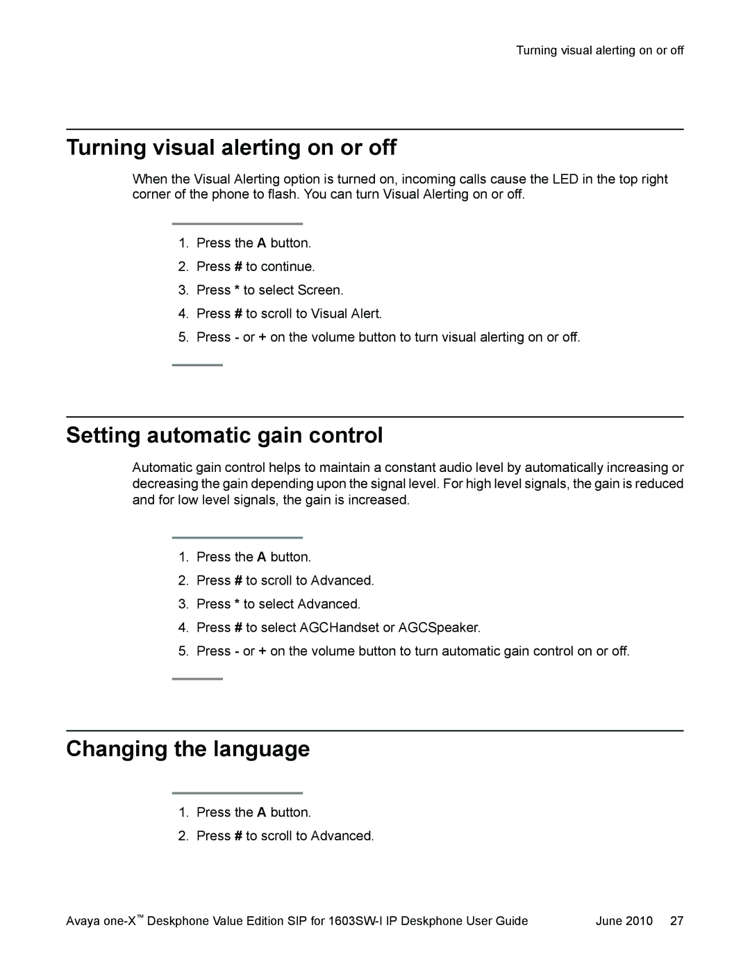 Avaya 16-603578 manual Turning visual alerting on or off, Setting automatic gain control, Changing the language 