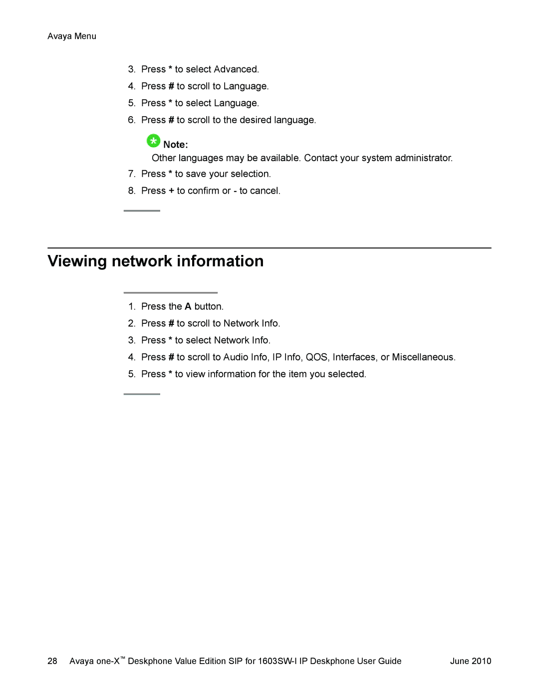 Avaya 16-603578 manual Viewing network information 