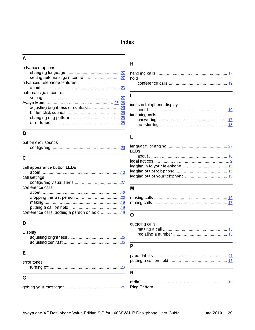 Avaya 16-603578 manual Index 