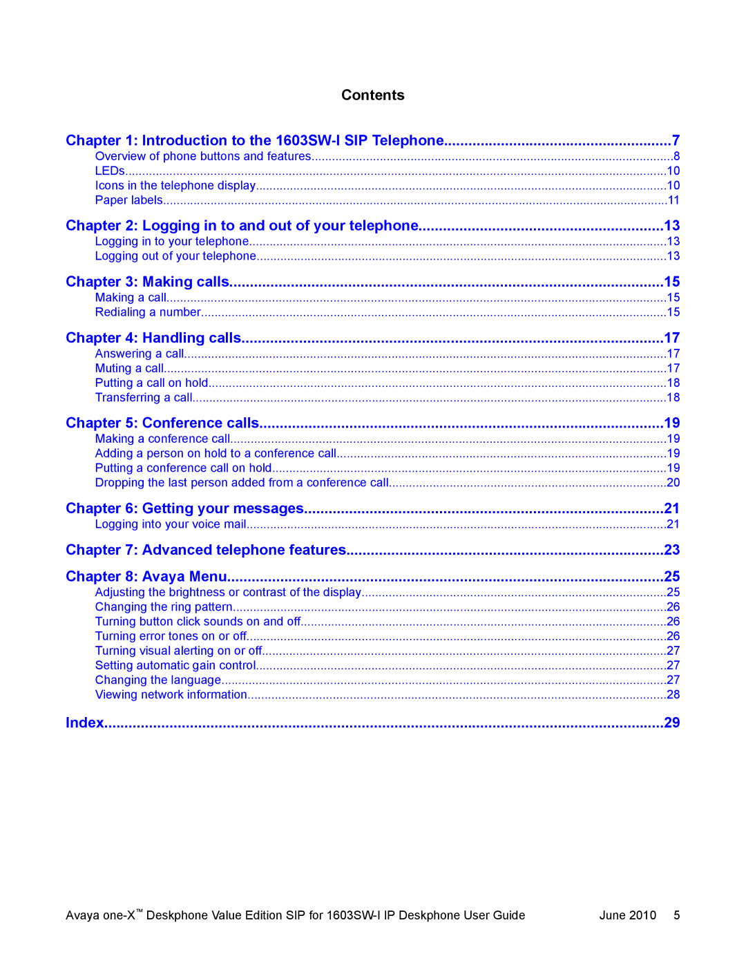 Avaya 16-603578 manual Contents Introduction to the 1603SW-I SIP Telephone 