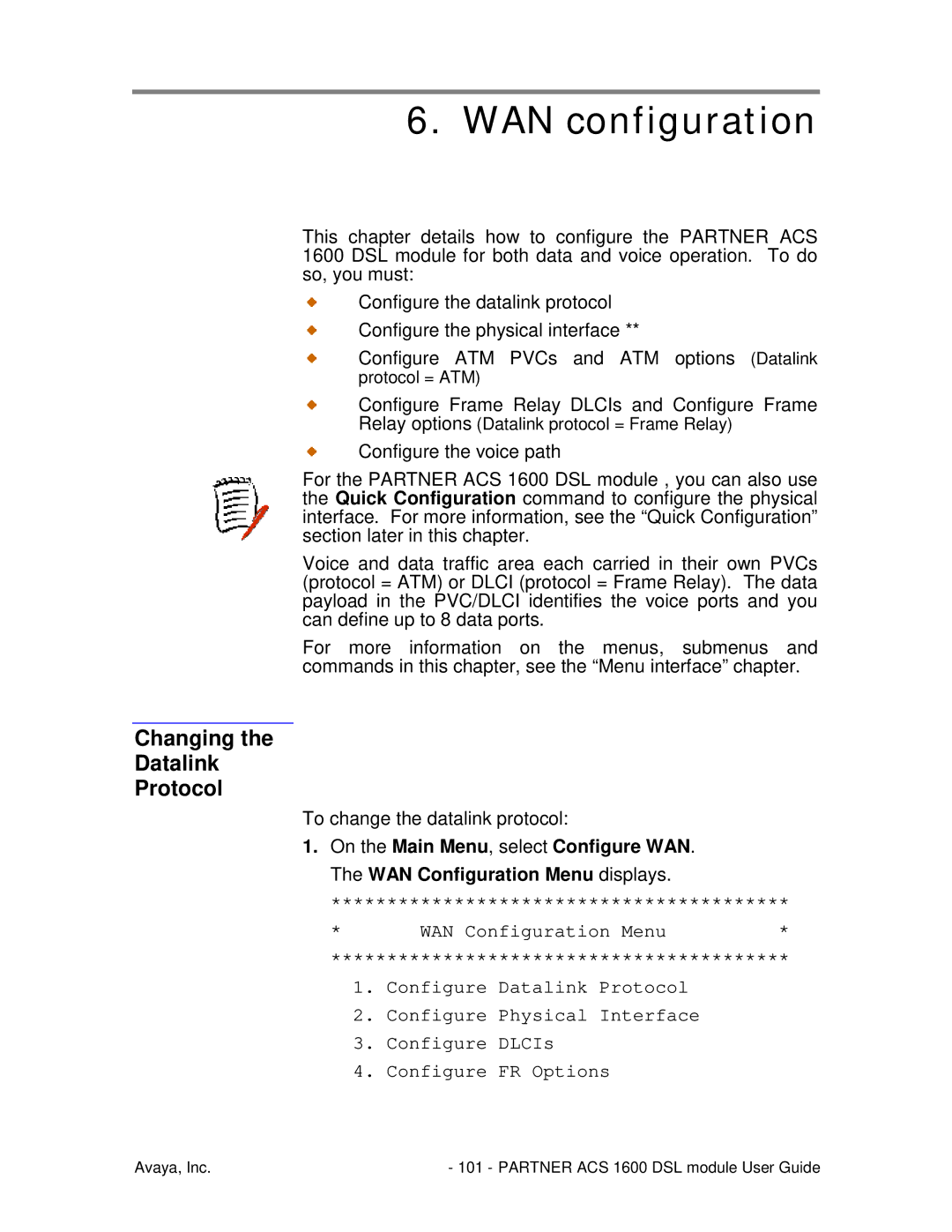 Avaya 1600 manual WAN configuration, Changing Datalink Protocol 