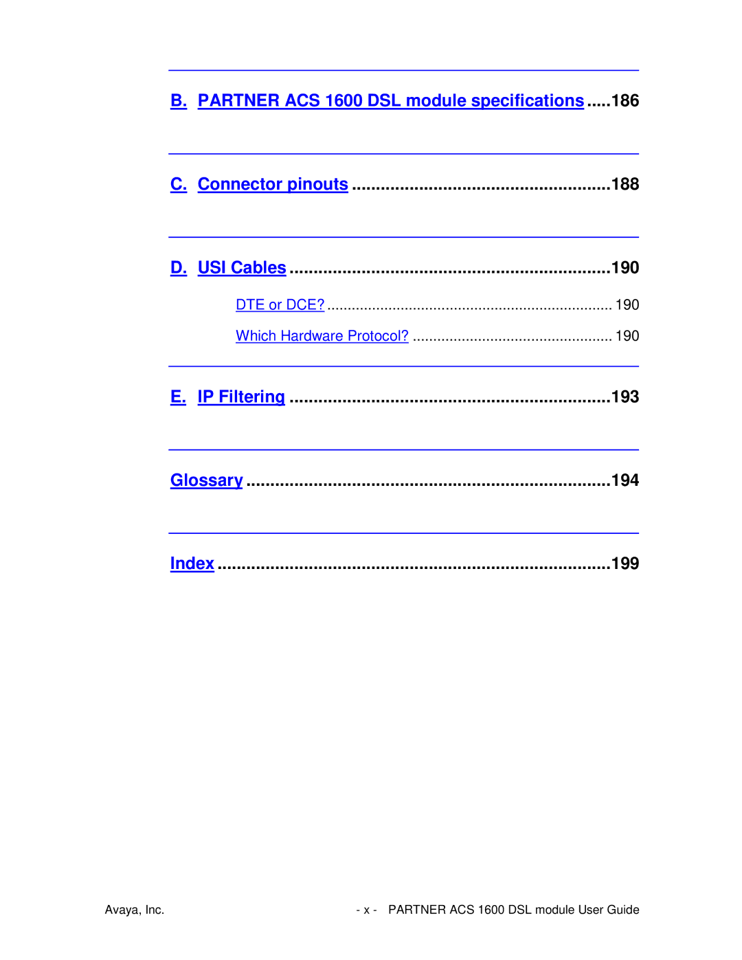 Avaya 1600 manual Connector pinouts, USI Cables, IP Filtering, Glossary, Index 