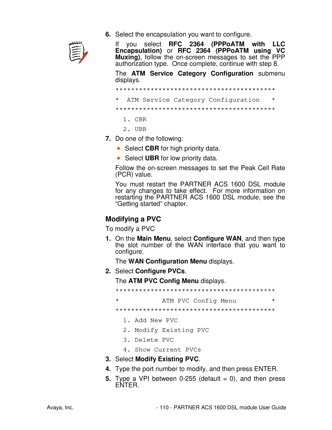 Avaya 1600 manual Modifying a PVC, ATM Service Category Configuration CBR UBR, Select Modify Existing PVC 