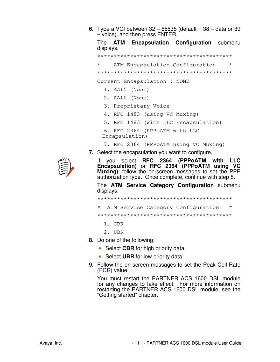 Avaya 1600 manual ATM Encapsulation Configuration submenu displays 