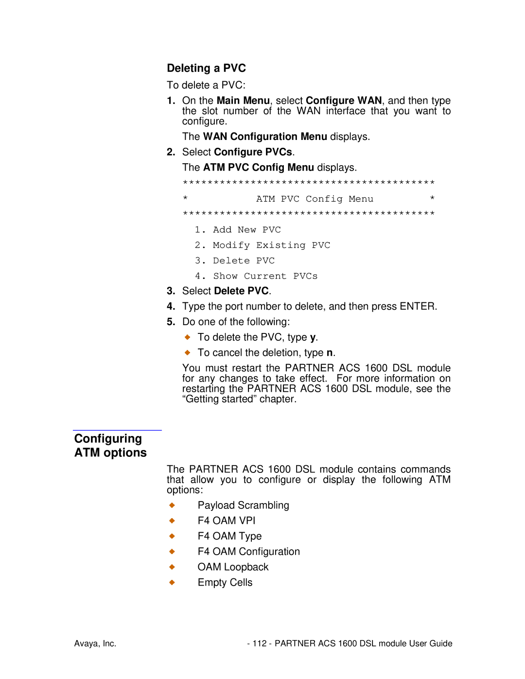 Avaya 1600 manual Configuring ATM options, Deleting a PVC, Select Delete PVC 