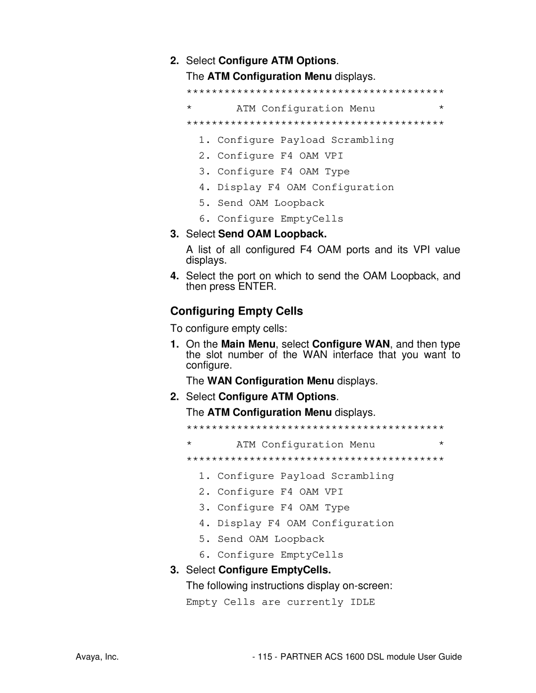 Avaya 1600 Configuring Empty Cells, Select Send OAM Loopback, Select Configure EmptyCells, Empty Cells are currently Idle 