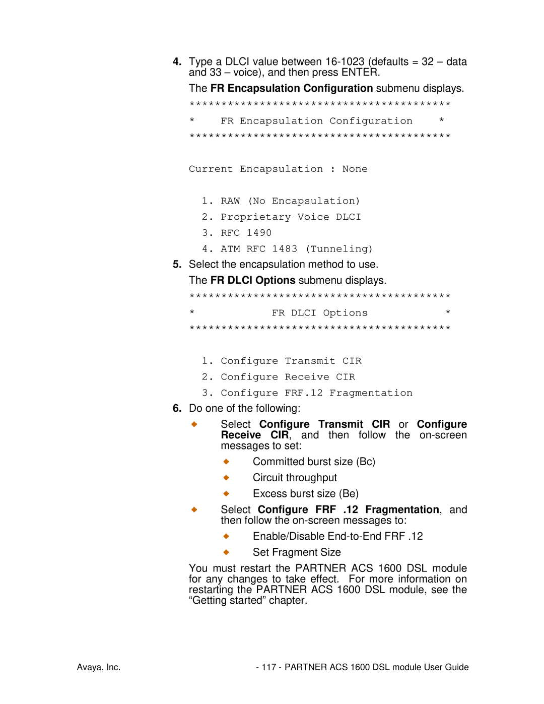 Avaya 1600 manual FR Encapsulation Configuration submenu displays 