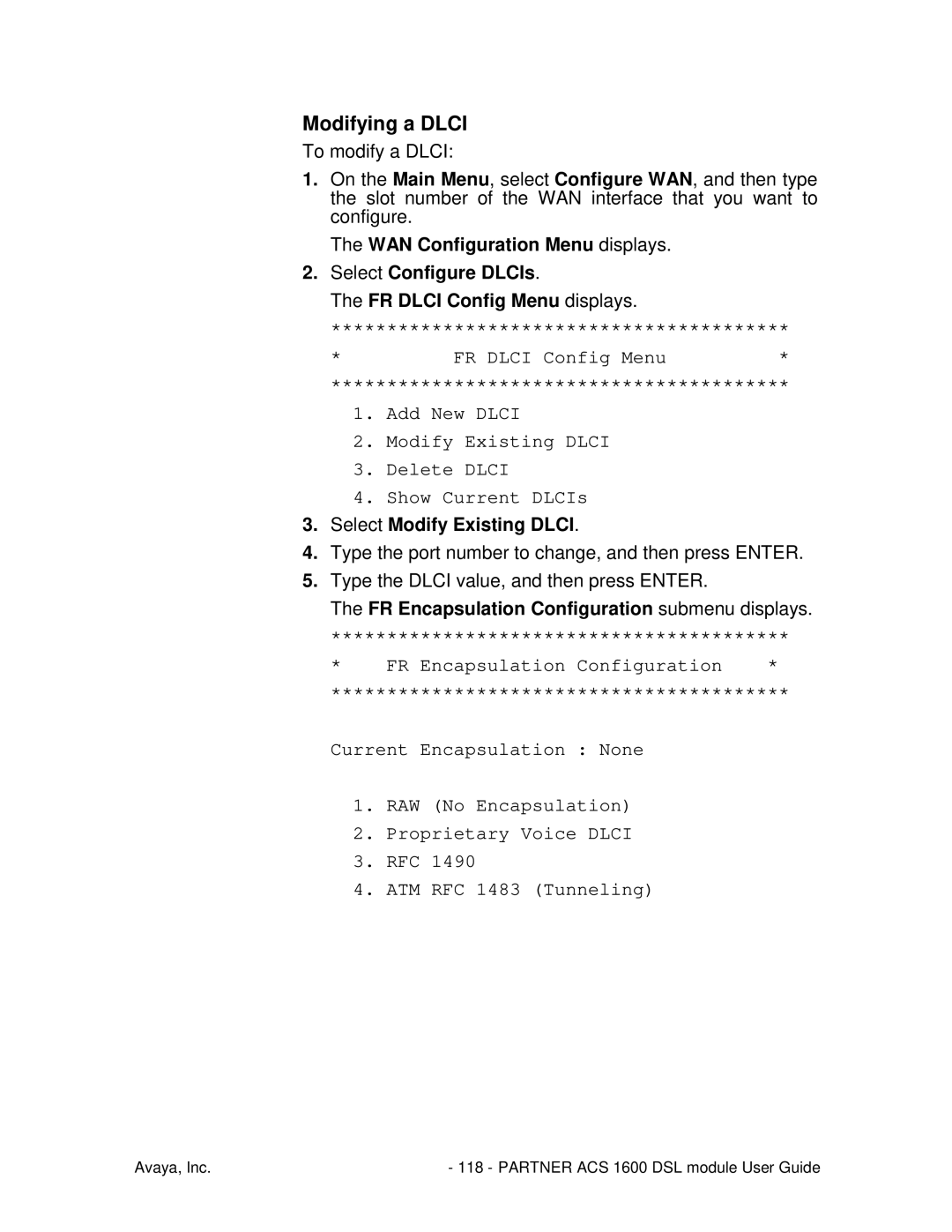 Avaya 1600 manual Modifying a Dlci, Select Modify Existing Dlci 