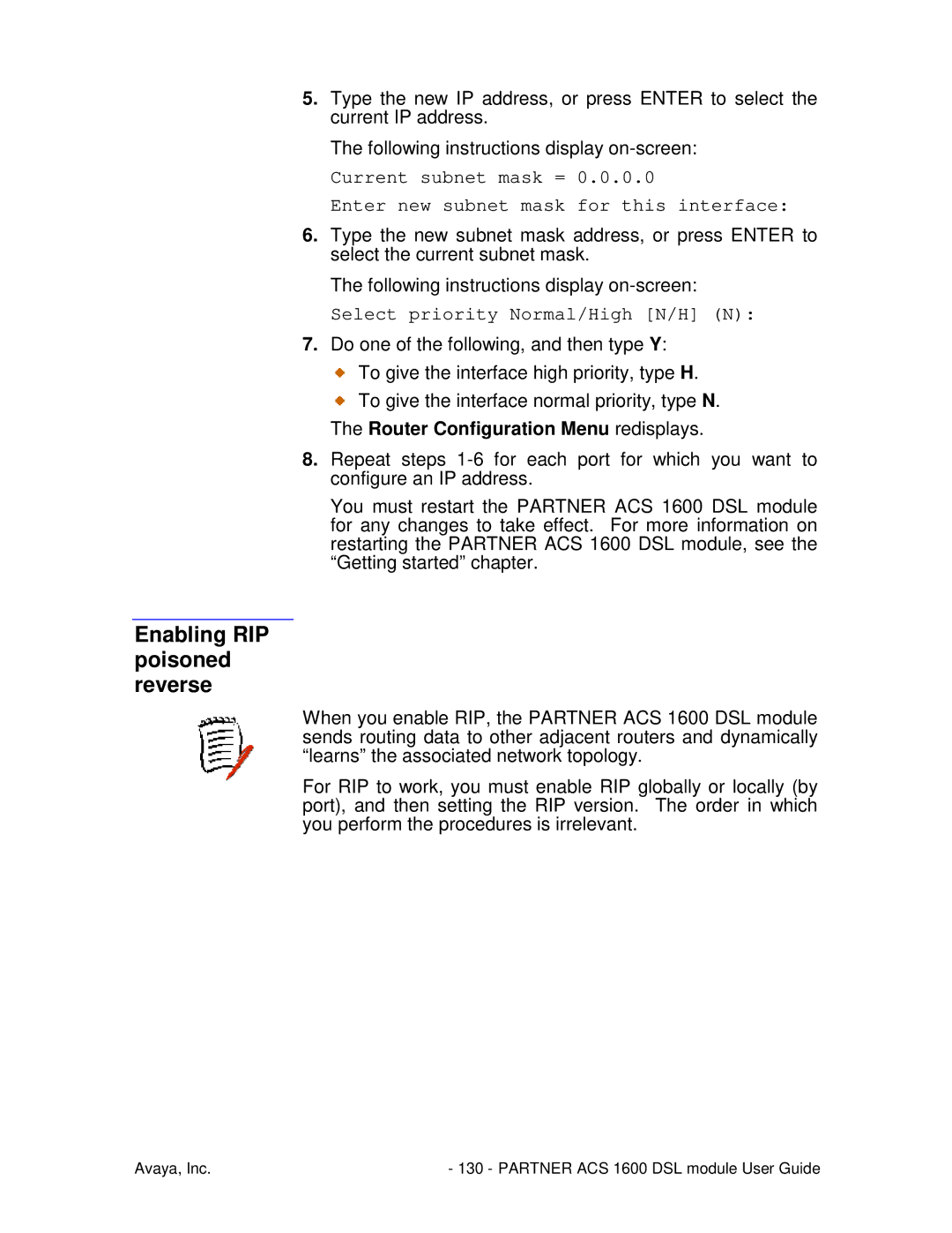 Avaya 1600 manual Enabling RIP poisoned reverse, Router Configuration Menu redisplays 