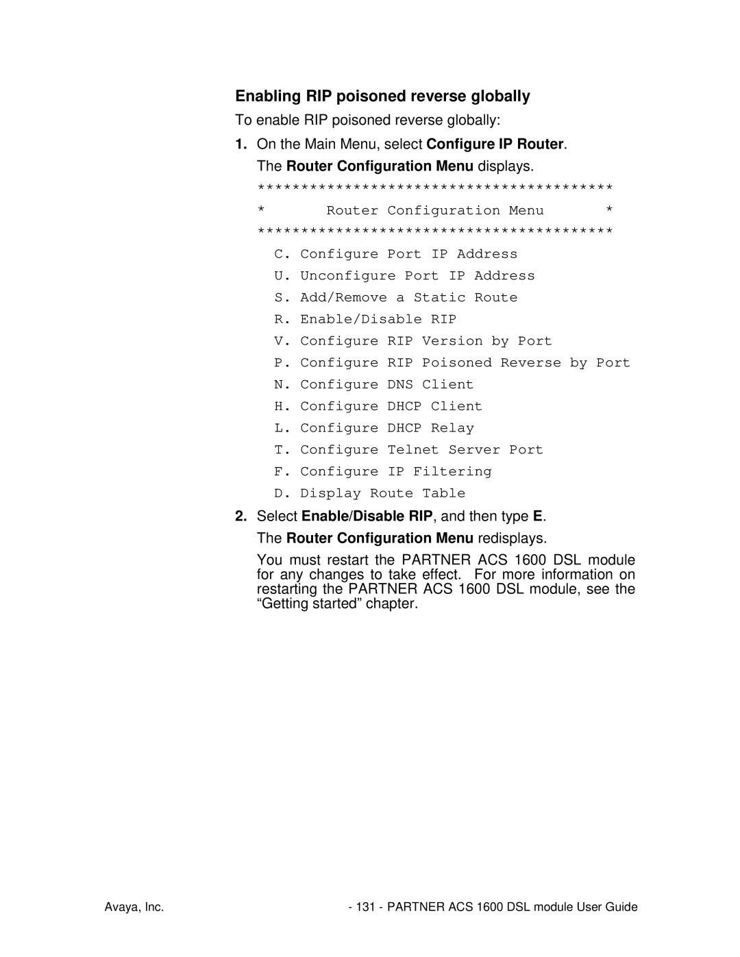 Avaya 1600 manual Enabling RIP poisoned reverse globally 