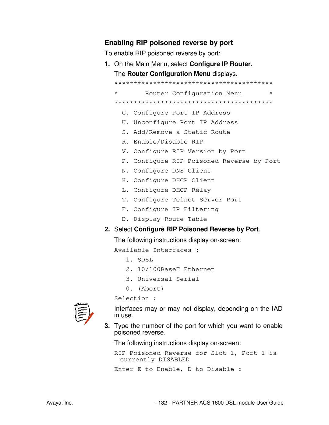 Avaya 1600 manual Enabling RIP poisoned reverse by port, Available Interfaces 