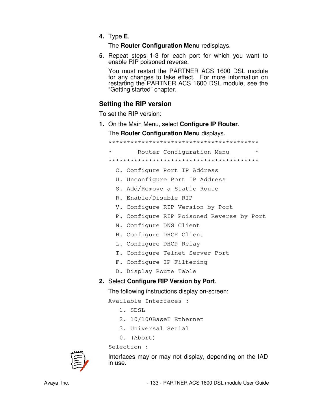 Avaya 1600 manual Setting the RIP version, Router Configuration Menu redisplays 