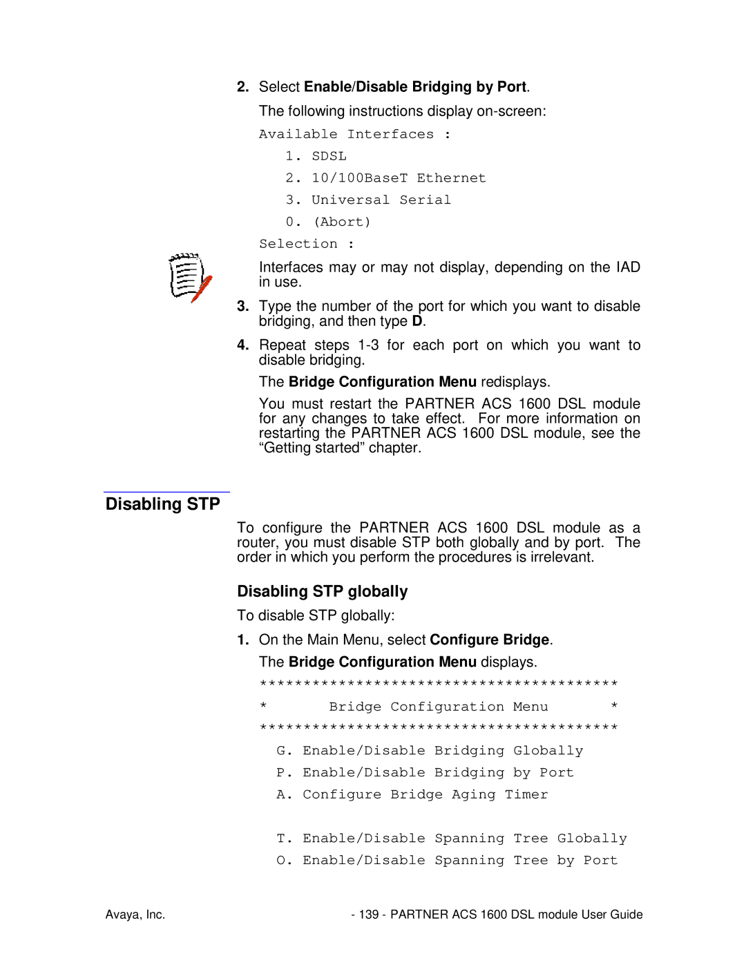 Avaya 1600 manual Disabling STP globally 