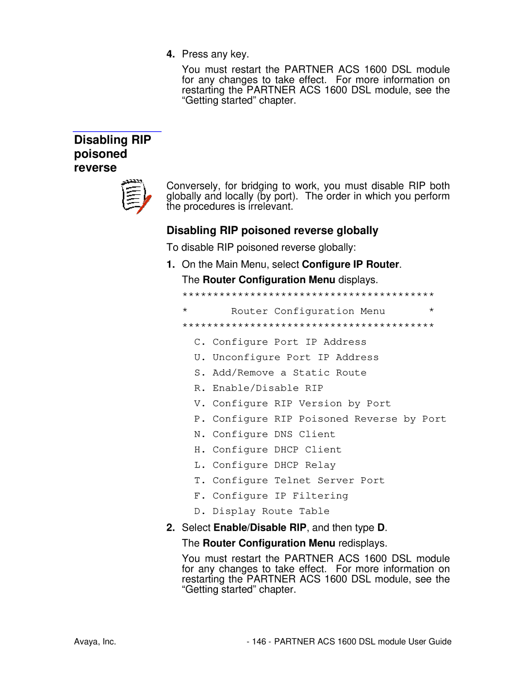 Avaya 1600 manual Disabling RIP poisoned reverse globally 