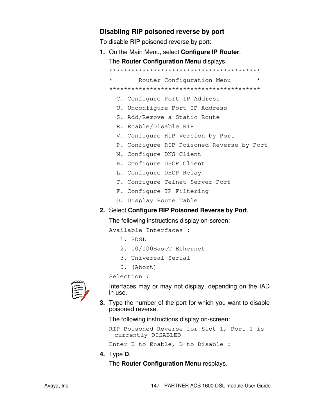 Avaya 1600 manual Disabling RIP poisoned reverse by port, Router Configuration Menu resplays 