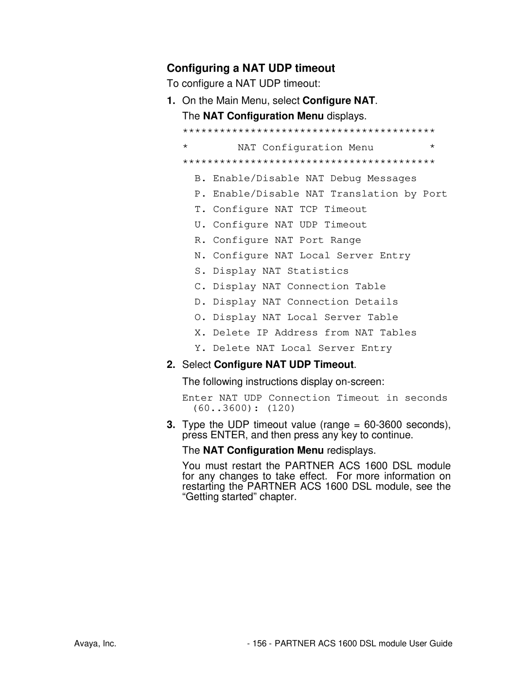 Avaya 1600 manual Configuring a NAT UDP timeout, Select Configure NAT UDP Timeout 