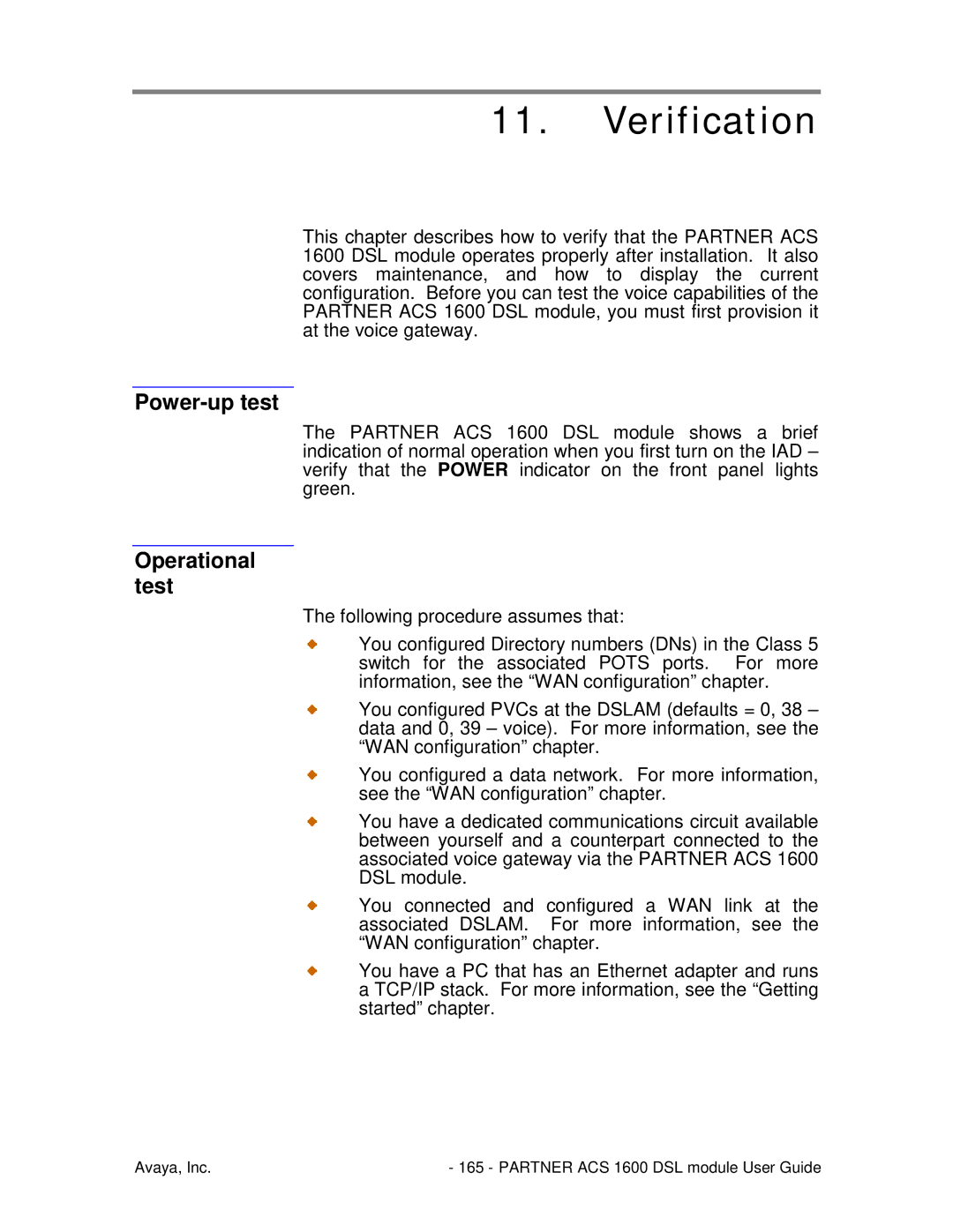 Avaya 1600 manual Verification, Power-up test, Operational test 