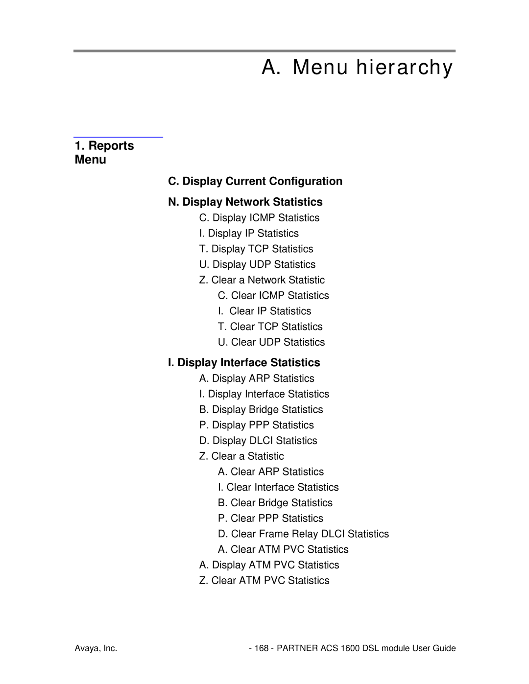 Avaya 1600 manual Menu hierarchy, Display Current Configuration Display Network Statistics 