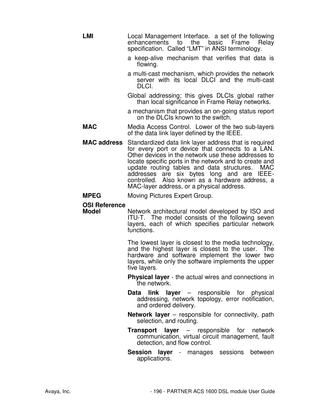 Avaya 1600 manual MAC address, OSI Reference 