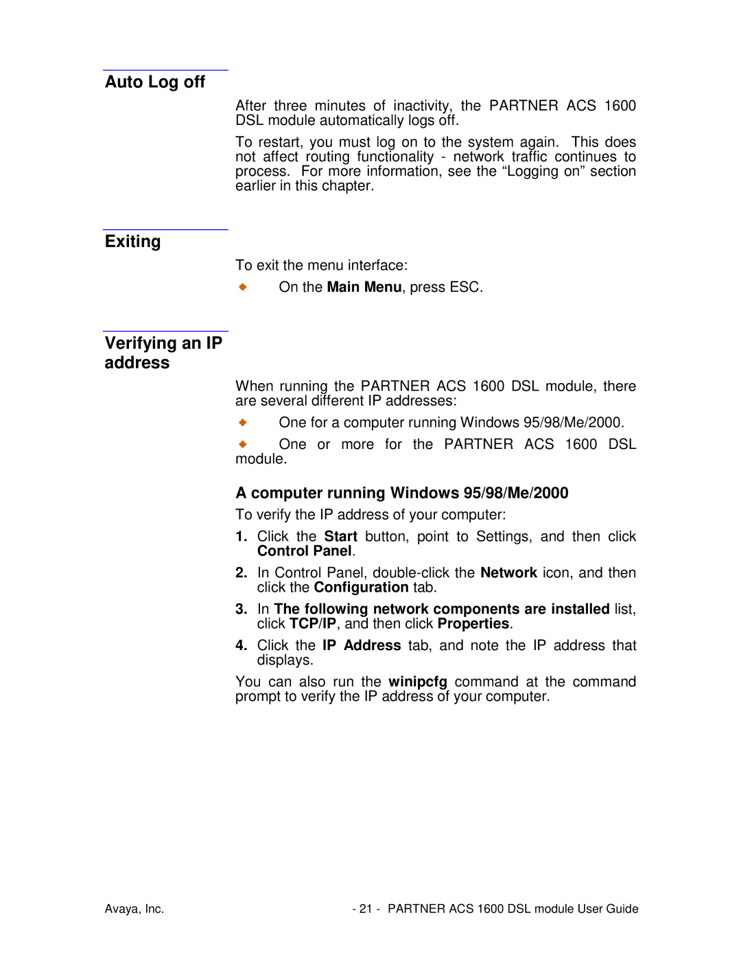 Avaya 1600 manual Auto Log off, Exiting, Verifying an IP address, Computer running Windows 95/98/Me/2000 