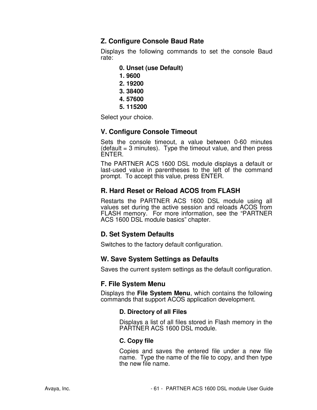 Avaya 1600 Configure Console Baud Rate, Configure Console Timeout, Hard Reset or Reload Acos from Flash, File System Menu 