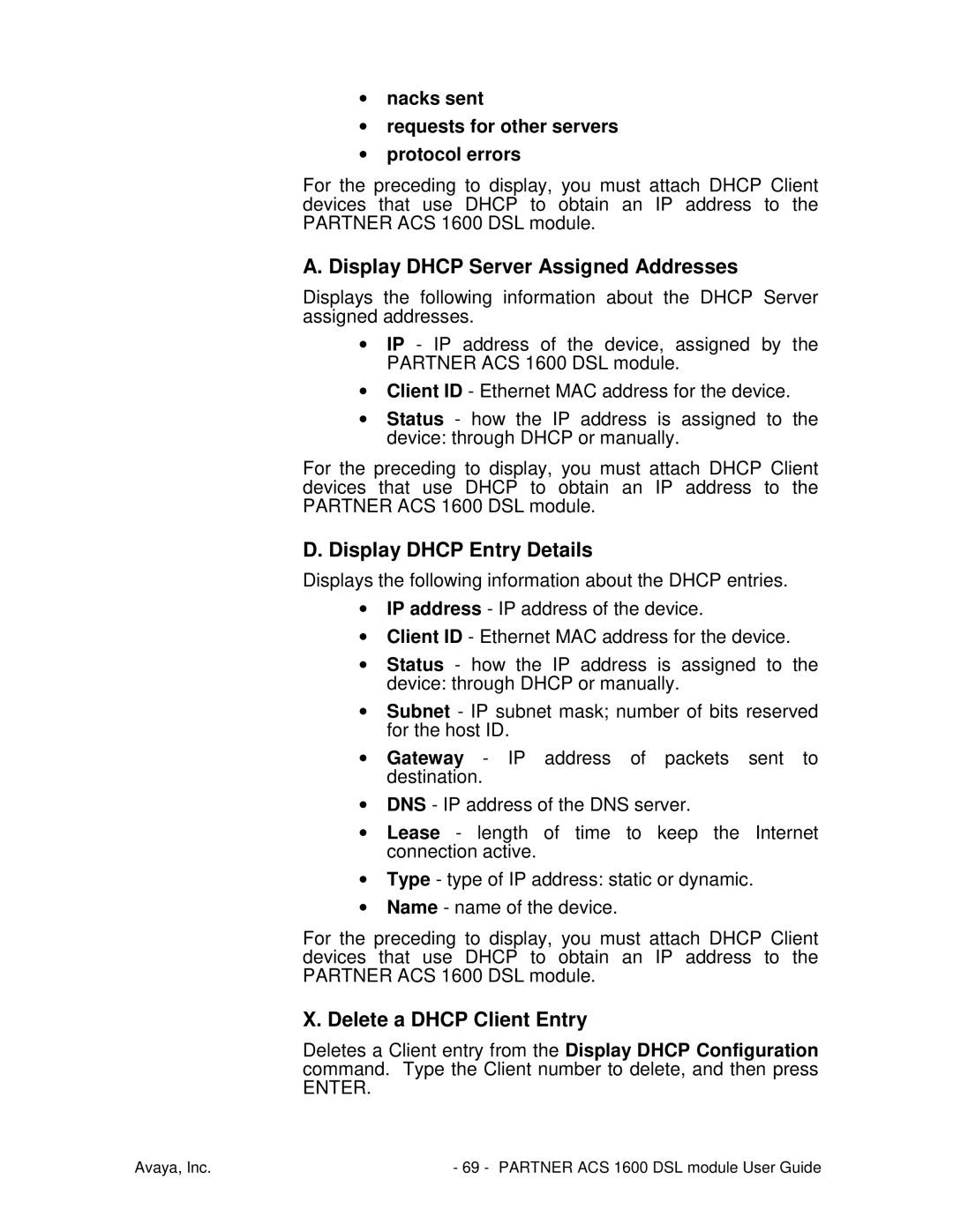 Avaya 1600 manual Display Dhcp Server Assigned Addresses, Display Dhcp Entry Details, Delete a Dhcp Client Entry 